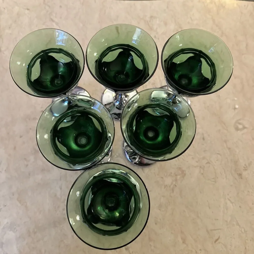 Farber Bros Krome Craft 1950s Art Deco Set6 Liquor Sherry Glasses Emerald Chrome
